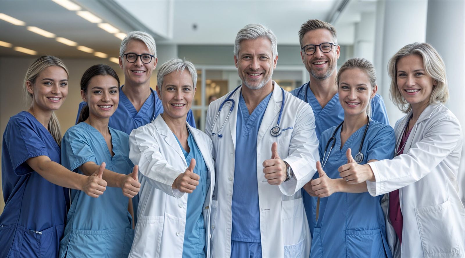 Ärztinnen und Ärzte im Gespräch auf dem Klinikgelände